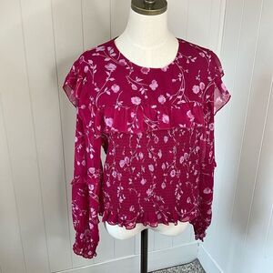 WAYF Womens XL Smocked Ruffle Top Blouse Red Floral Long Sleeve Sheer Flowy
